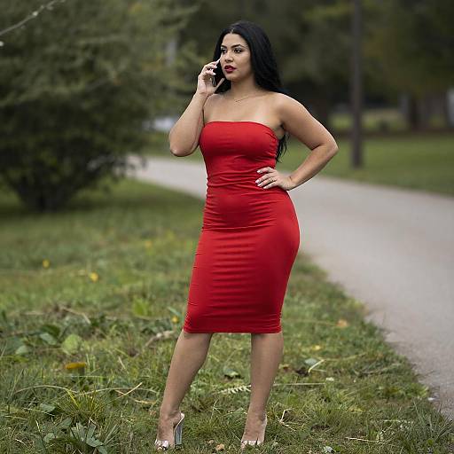 Curvy Woman in Red Dress on Path
