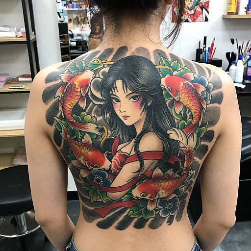 Tattooed woman with back facing camera, featuring large, colorful koi fish and red ribbon entwined with flowers, in a tattoo studio