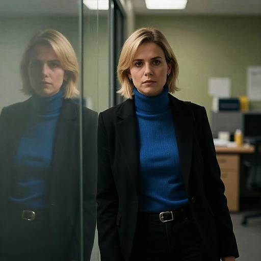 Blonde Woman in Dimly Lit Office