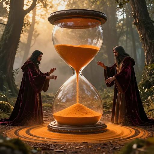 Photograph-like CGI of two bearded men in dark robes, kneeling in a forest, gazing at a glowing hourglass with orange sand. Sun