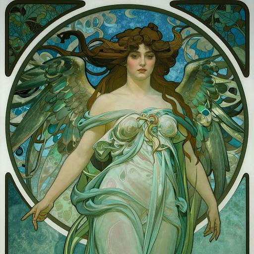 Digital painting of a fair-skinned, winged woman with flowing brown hair, wearing a translucent, teal-green, classical-style dress, set against a