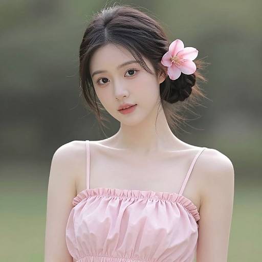 Woman in Pink Dress with Flower