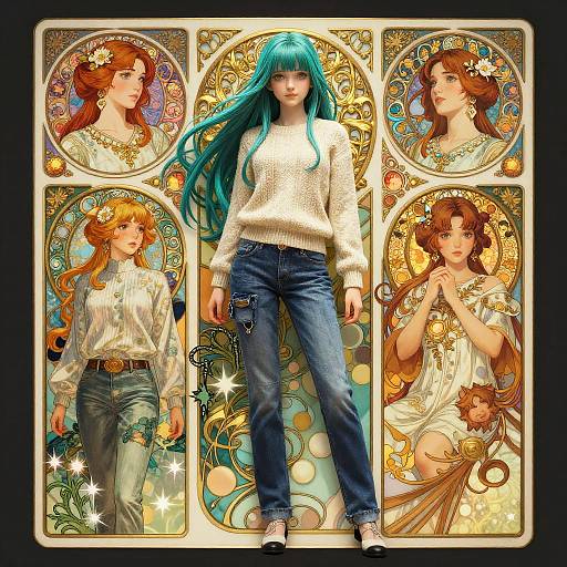 Digital artwork: Central blue-haired woman in white sweater and jeans, flanked by three ornate, circular portraits of red-haired women in white dresses.