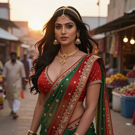 Photograph of a beautiful Indian woman with long black hair in a red and green traditional saree, adorned with gold jewelry, standing in a bustling market