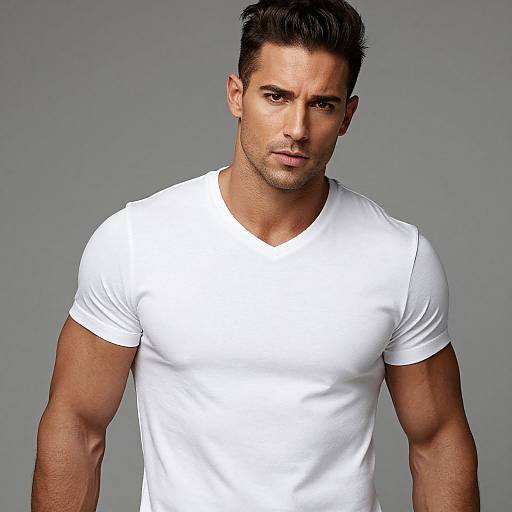 Photograph of a muscular, attractive man with short, dark hair, wearing a tight white t-shirt, against a plain gray background.