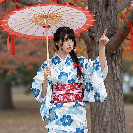 East Asian Woman in Floral Kimono with Umbrella