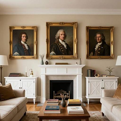 Elegant living room photograph with three framed 18th-century portraits above a white fireplace, white cabinets, beige sofas, wooden coffee table, and lamps