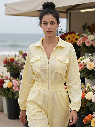 Photograph of a confident woman with dark hair in a bun, wearing a yellow, long-sleeve, button-up jumpsuit, standing in front