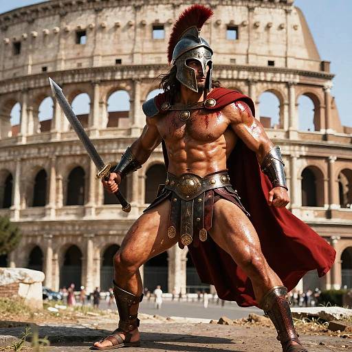 Photorealistic CGI of muscular Roman gladiator with blood-streaked armor, red cape, and sword, standing before the Colosseum.