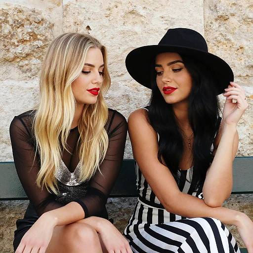 Photograph of two women sitting against a textured stone wall. One has blonde hair, red lipstick, black sheer top; the other has black hair,
