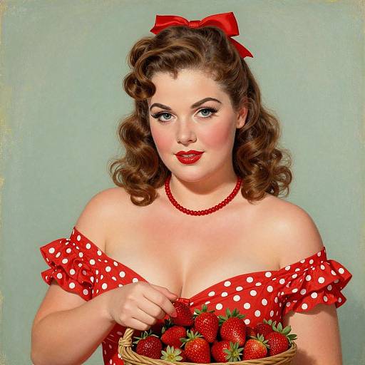 Vintage-style photograph of a fair-skinned, brunette woman with curled hair, red polka dot off-shoulder dress, red bow, beaded
