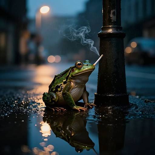 Photograph of a green frog with a cigarette smoke curling from its mouth, sitting on a wet, reflective street at night, beside a black lam