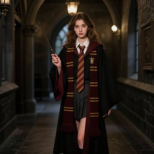 Photograph of a young woman with wavy brown hair, in Hogwarts robes, holding a wand, standing in a dimly lit, arched stone