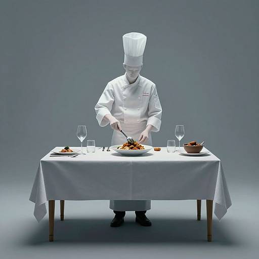 Photograph of a white-clad chef in a tall hat, cutting meat on a table with a white cloth, two wine glasses, and a bowl