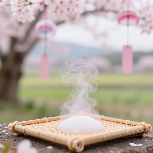 Photograph of a bamboo incense holder with wisps of smoke, set outdoors on a wet black surface with cherry blossoms in the blurred background.