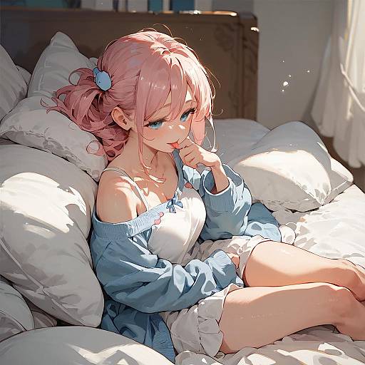 Anime Girl Sitting on Bed Smiling