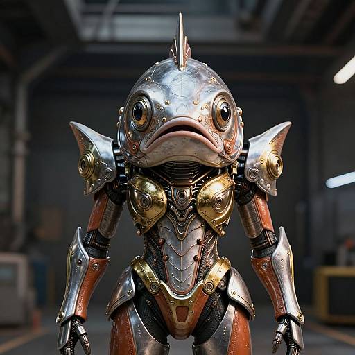 Photorealistic CGI of a fish-headed robot in metallic armor with gold accents, standing in a dimly lit industrial warehouse.
