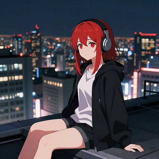 Anime-style digital drawing of a red-haired girl with headphones, wearing a black hoodie and shorts, sitting on a rooftop at night, city lights blurred in