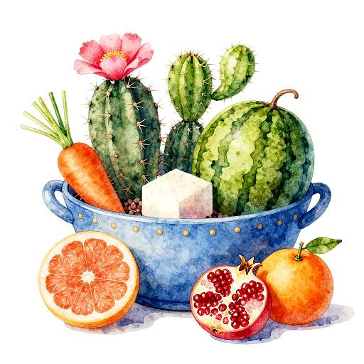 Whimsical Watercolor Bowl of Fruits and Plants