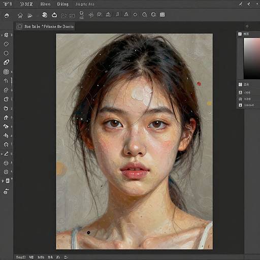 Digital painting of an Asian woman with fair skin, dark hair, and brown eyes, wearing a white top, in a realistic style. Image displayed in