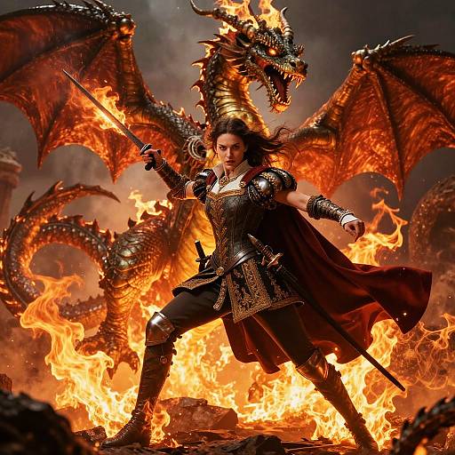 Epic fantasy artwork: A fierce, armored warrior with long brown hair stands confidently with a sword, backed by a roaring, fiery dragon amidst blazing flames