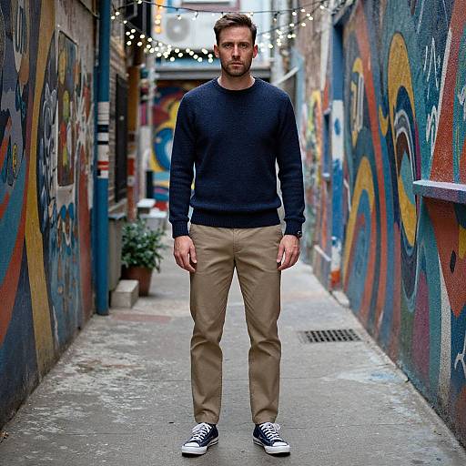 Photograph of a bearded man with short brown hair, wearing a black sweater, beige pants, and black Converse sneakers, standing in a narrow