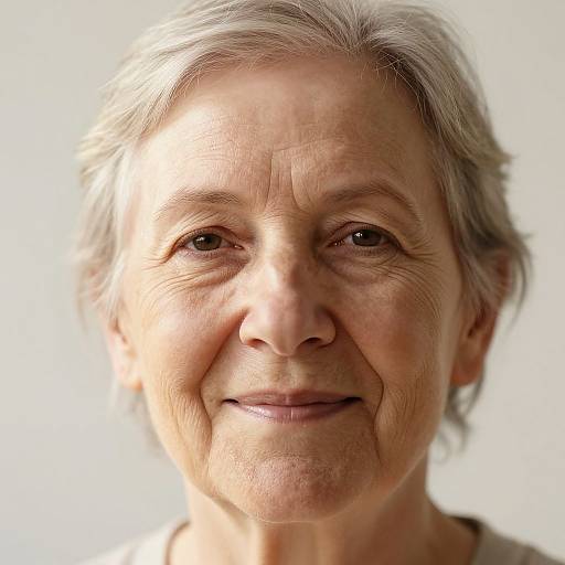Close-up photograph of a smiling elderly woman with short gray hair, wrinkles, and light skin, set against a plain white background.