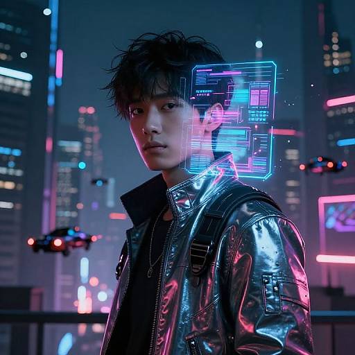 Cyberpunk cityscape photograph of an Asian man with messy black hair, wearing a shiny silver leather jacket, neon grid overlay on his face, surrounded