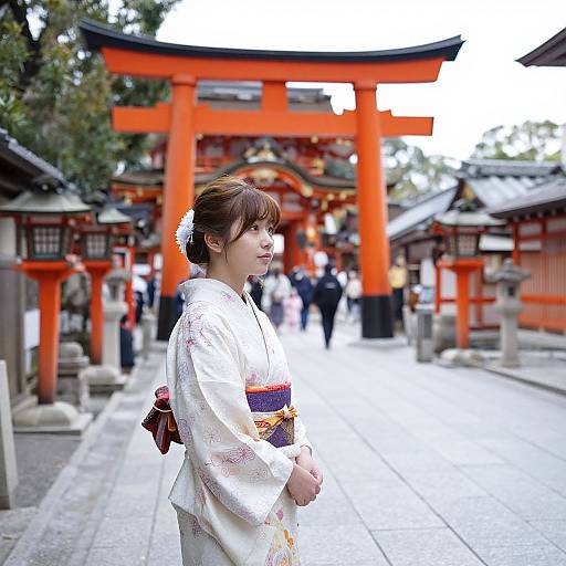 Photograph of a young Japanese woman in a white kimono with colorful obi, standing in front of a vibrant red torii gate at a traditional