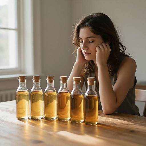 Photograph of a pensive woman with wavy brown hair, wearing a sleeveless top, resting her chin on her hands, next to five amber