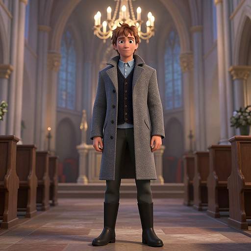 3D CGI of a young man with brown hair, wearing a grey overcoat, black vest, and boots, standing in a lit, ornate