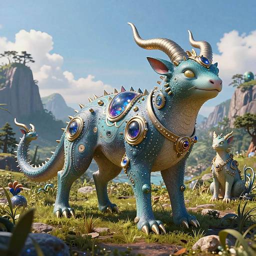 Digital CGI fantasy artwork of a blue, horned dragon-like creature adorned with golden and gemstone jewelry, standing in a vibrant, mountainous landscape.