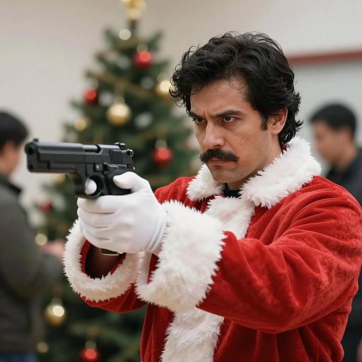 Man in Santa Costume Aiming Handgun