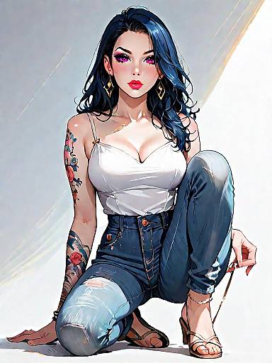 Stylish Woman in Denim and Satin Top