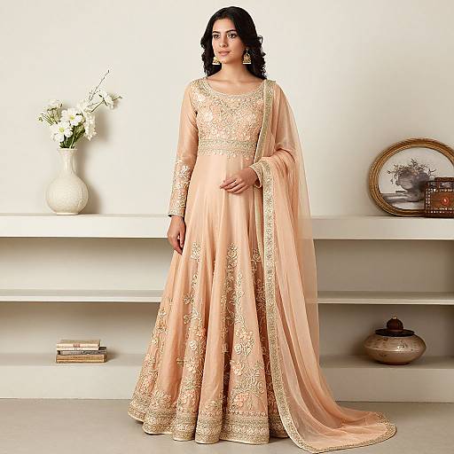 Elegant Peach Net Anarkali Gown