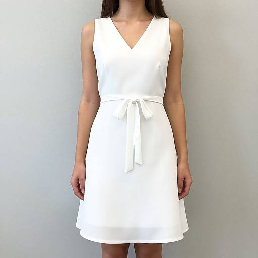 Photograph of a woman in a sleeveless, V-neck, white dress with a tied waist, standing against a plain white background.