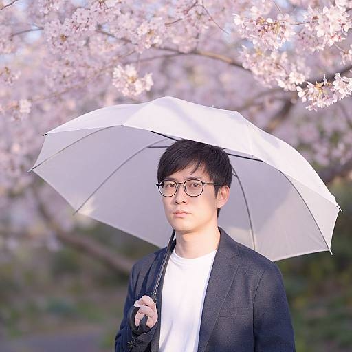 Asian man with glasses, black hair, black blazer, white shirt, holding white umbrella, standing under blooming cherry blossoms. Photograph.