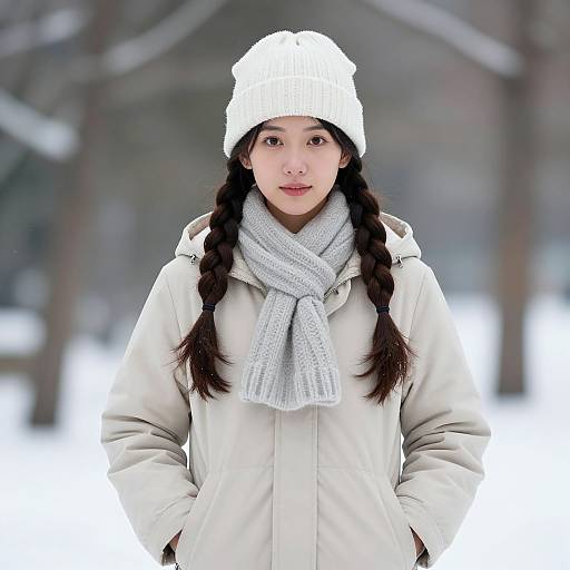 Photograph of an Asian woman with long braided hair wearing a white knit hat, gray scarf, and beige winter coat, standing in a snowy,