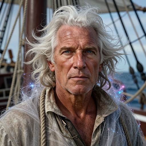 Photorealistic digital portrait of an aged, rugged man with white, wind-swept hair, blue eyes, and weathered skin, wearing a