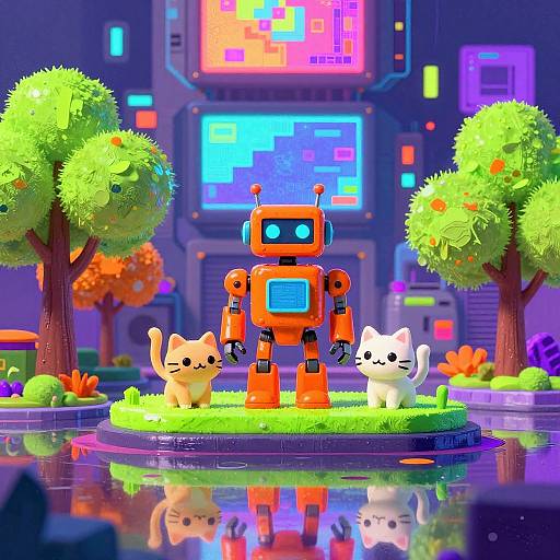 Vibrant digital illustration of a neon orange robot with blue eyes, standing on a grassy island with two cute cats, surrounded by colorful trees and