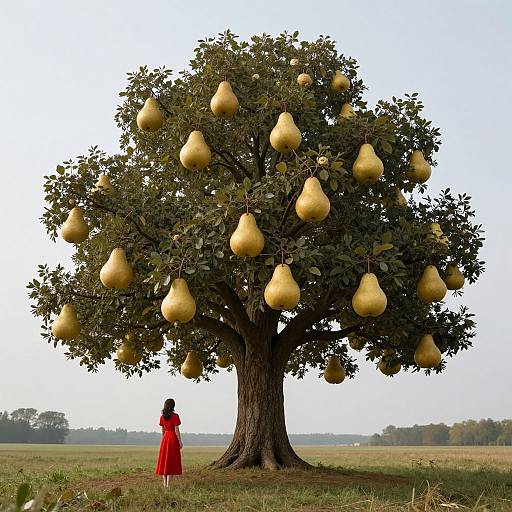 Photograph of a large pear tree with numerous yellow pears, standing in a grassy field. A woman in a red dress stands in front of