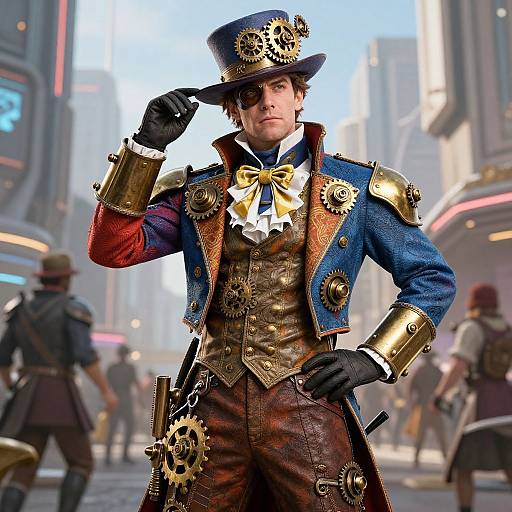 Steampunk soldier in detailed blue and brown military coat, gold gears, and top hat, saluting in a futuristic city street. CGI.