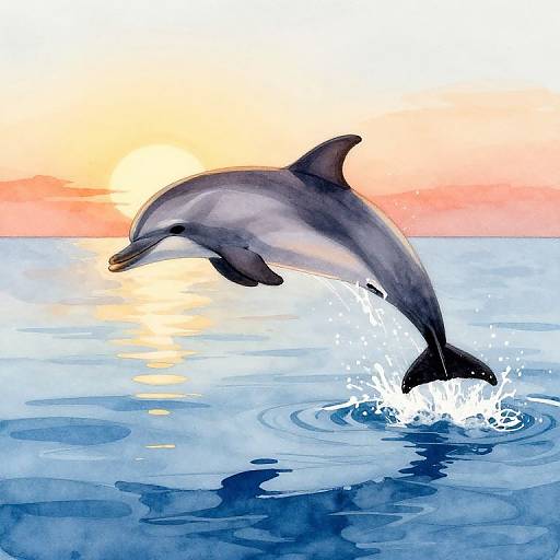 Digital watercolor of a dolphin leaping out of the blue ocean with splashes, set against a vibrant sunset sky.