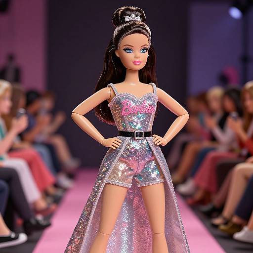 Photograph of a Barbie doll with long black hair, wearing a silver sequined dress and matching shorts, hands on hips, on a fashion runway with