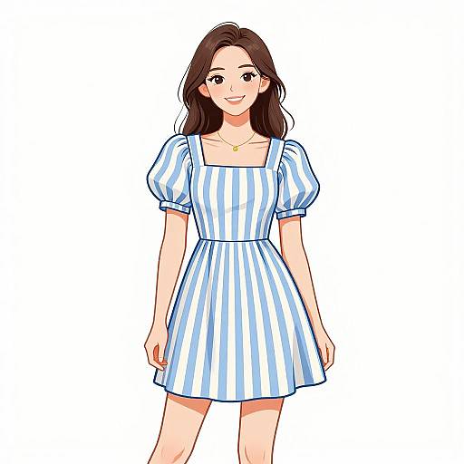 Digital drawing of a smiling young woman with long brown hair, wearing a blue and white striped, puffed-sleeve dress.