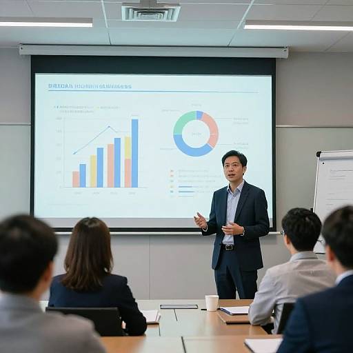 Photograph of an Asian male business presenter in a suit, speaking to a conference room audience, with a colorful bar chart presentation on a projector screen behind