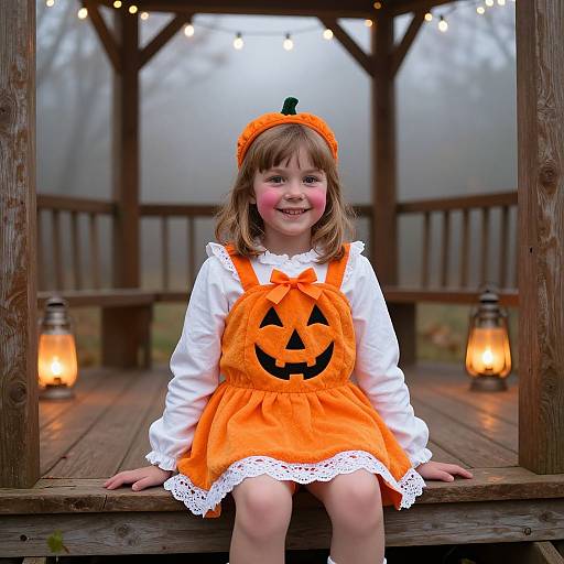 Cheerful Girl in Pumpkin Halloween Costume