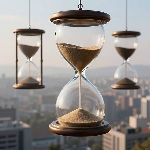 Colossal Hourglasses Over Hazy Cityscape