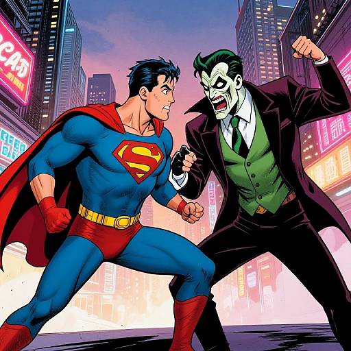 Digital comic-style illustration of Superman in blue, red, and yellow fighting Joker in black suit, green vest, cityscape background.