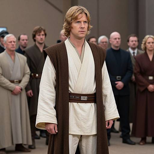 Photograph of a young, blond-haired man in a white Jedi robe and brown vest, standing confidently in front of a group of serious, dressed individuals